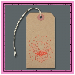 Buff Gift Tags Printed with a LOVE HEART & GIFT BOX 120mm x 60mm - Pack 10